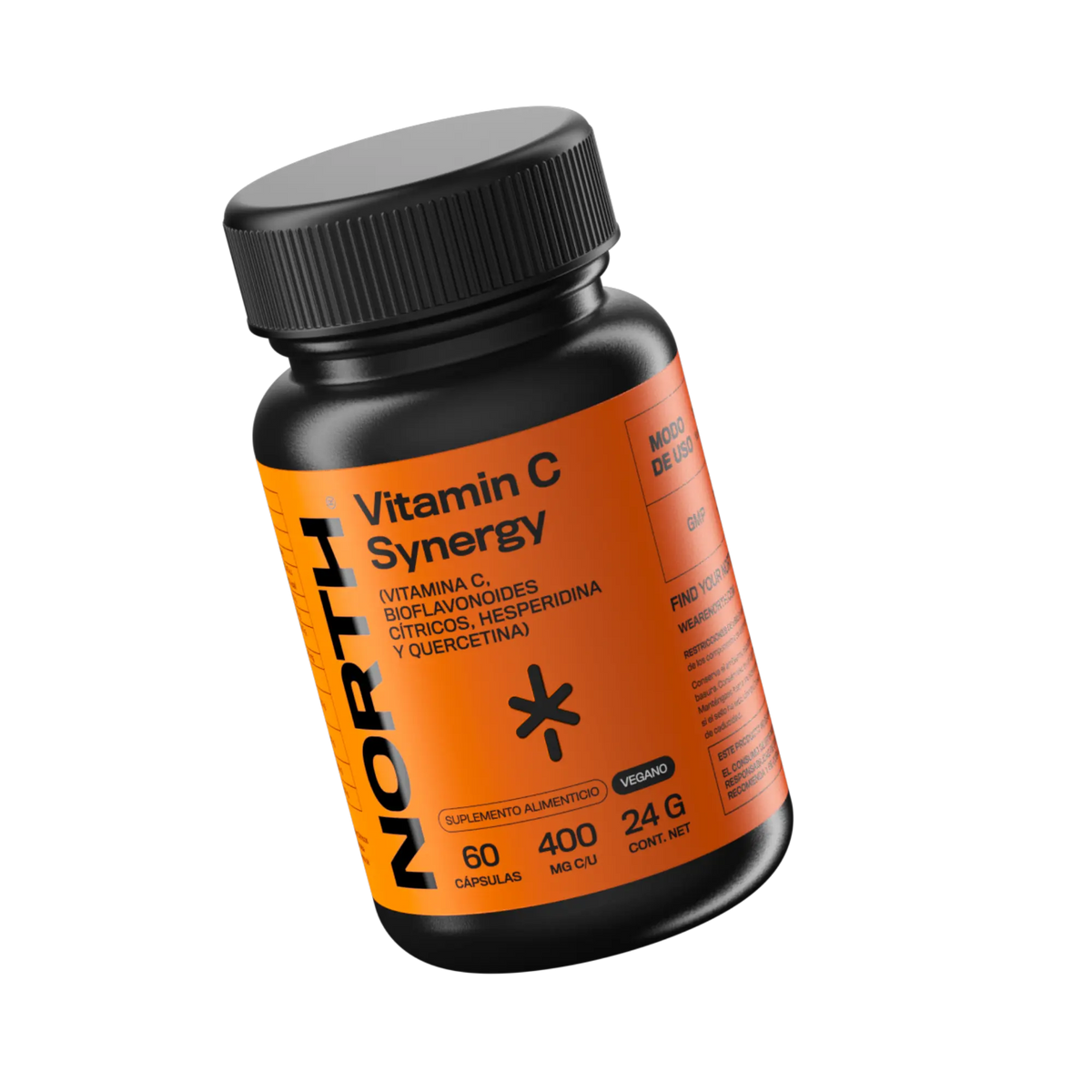 Frasco de NORTH Vitamin C Synergy de 60 cápsulas inclinado, vista lateral